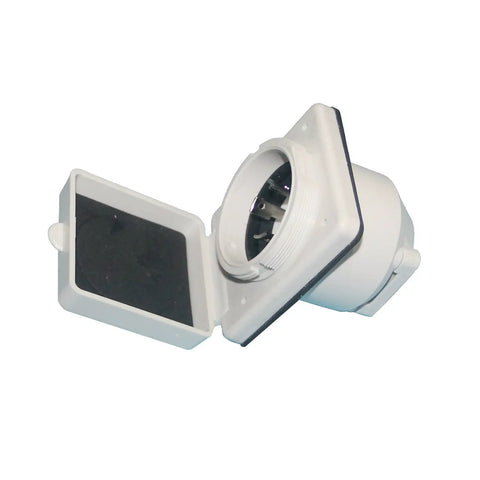 Direct Fit 30 Amp RV Power Inlet Twist Lock L5 30P Replacement With Stainless Steel Pins open view showing flip-up cover