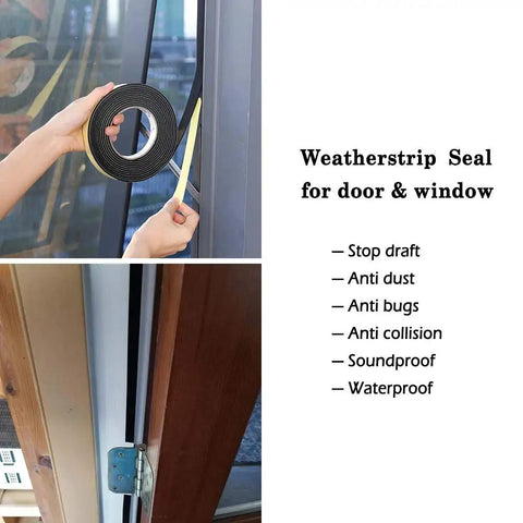 Seal The Deal With 2 Inch Insulation Foam Tape 3/8 Thick used for sealing drafts on a window, showing tape being applied.