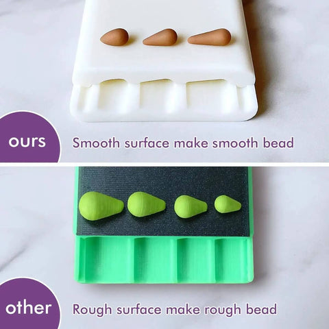 Comparison of round bead maker for polymer clay, white tool with smooth surface vs green tool with rough surface, showing bead results.