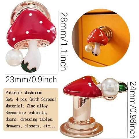 Killer Mushroom Cabinet Knobs Solid Zinc Alloy Furniture Pulls For Bedroom Dresser And Kitchen Drawer Hand Painted Decorative Handle Set Of Four with pearl detail.