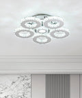 Crystal Flush Mount Ceiling Light With Remote Control, Dimmable LED Chandelier With 5 Ring Design in Chrome Finish