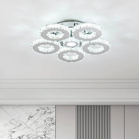 Crystal Flush Mount Ceiling Light With Remote Control, Dimmable LED Chandelier With 5 Ring Design in Chrome Finish