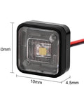 Close-up of Lit Side Marker Lights for RC Cars 10x10mm, three-color white, yellow, red, with 450mm wiring, heat shrink tubing included.