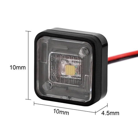 Close-up of Lit Side Marker Lights for RC Cars 10x10mm, three-color white, yellow, red, with 450mm wiring, heat shrink tubing included.