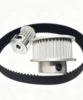 High Gear 2GT Timing Pulley Kit With 20T And 40T Sprockets Delivers Smooth 2:1 Speed Reduction For Custom Rigs Using 10mm Belts And Multi Bore Hubs, silver metal pulleys with black timing belt