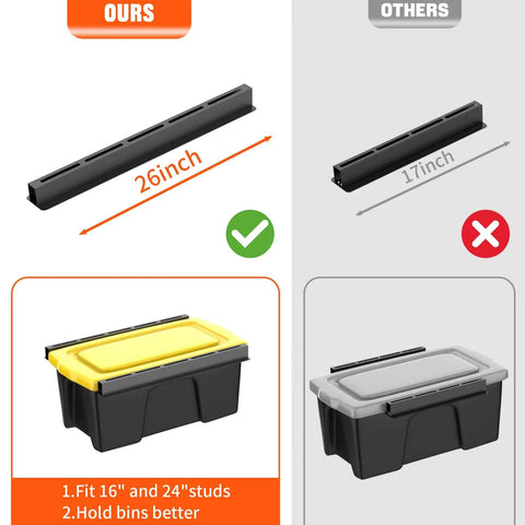 Comparison of 26-inch and 17-inch overhead garage ceiling bin storage rack rails for six bins, showing fitting capabilities