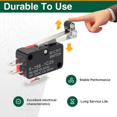 9PCS SPDT Momentary Limit Switch With Roller Lever Arm, Model V-156-1C25, emphasizing durability and performance features