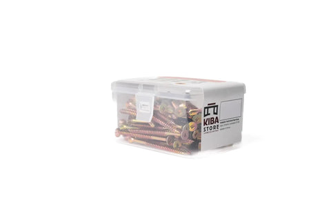 Tough As Nails Ten By Three Inch Deck Screws With Square Robertson Drive And Bugle Heads For Smooth Driving Rock Solid Grips And Rust Busting Protection Using Gilded Zinc Plated Finish In One Hundred Piece Box in clear storage container.