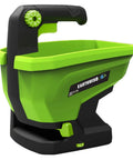 Green 20-Volt Cordless Handheld Seed And Fertilizer Spreader For Yard Work With Adjustable Spreading Rate Dial, side view.