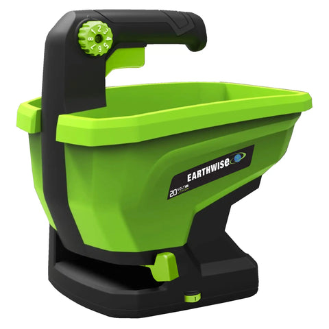 Green 20-Volt Cordless Handheld Seed And Fertilizer Spreader For Yard Work With Adjustable Spreading Rate Dial, side view.
