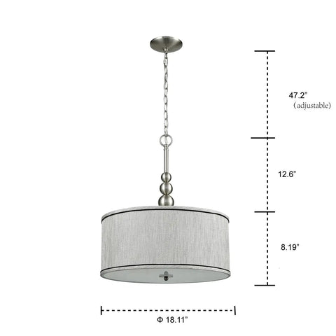 Modern 3 Light Kitchen Chandelier in Brushed Nickel With Drum Shade Gauze Etamine Hanging Pendant Light, diagram view