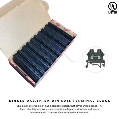 Box of DK2.5N-BK DIN Rail Terminal Block Screw Type UL Listed 600V 20A 12-22AWG Pack Of 100 for heavy duty industrial use.