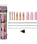 PTA-17 Torch Parts Kit with collets, collet bodies, back cap, alumina nozzles, tungsten electrodes in carry box