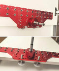 No Fuss 2 In 1 Shelf Pin And Hinge Jig With 35mm Hole Drill Bits, all metal tool installed on a cabinet for hinge positioning.