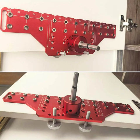 No Fuss 2 In 1 Shelf Pin And Hinge Jig With 35mm Hole Drill Bits, all metal tool installed on a cabinet for hinge positioning.