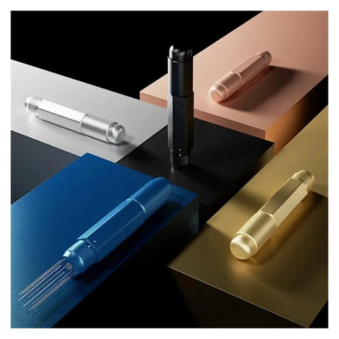 Top Shelf Telescopic WDT Tool For Espresso Distribution With 8 Bonus Stainless Steel Needles in various colors on metallic surfaces.