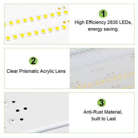 Details of 2 Pack LED Linear High Bay Shop Light 210W 27300 Lumens 130 Lm Per Watt 5000K, featuring LED array, acrylic lens, and durable material.