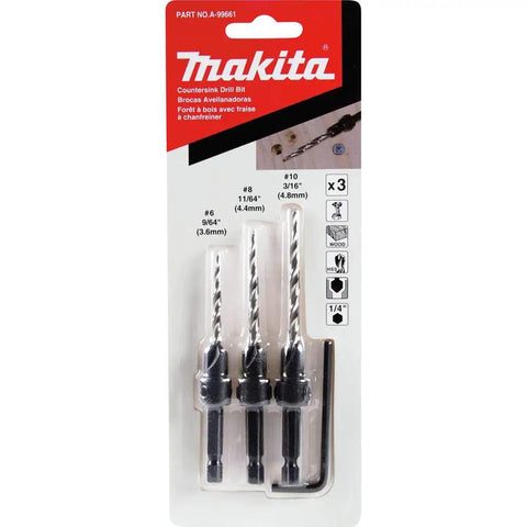 Three Piece Countersink And Drill Bit Set With Hex Wrench, Includes Sizes Six, Eight And Ten, Drills Pilot Holes Countersinks