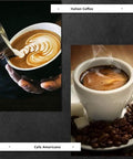 Close-up of latte art in a black cup and steaming espresso in a white cup on coffee beans