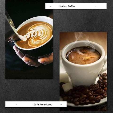 Close-up of latte art in a black cup and steaming espresso in a white cup on coffee beans