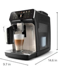 Fully Automatic Espresso Machine With 12 Hot And Iced Coffee Picks Straight Up Home Barista Game Changer Featuring Silent Brew Tech Auto Milk Foam And Ceramic Grinder For Smooth Daily Sips In Glossy Black Chrome, displaying a glass of coffee.