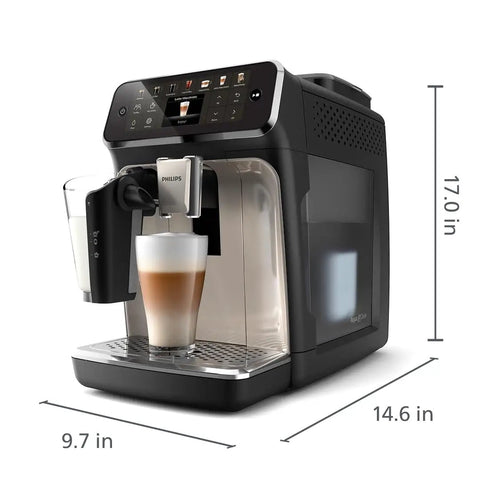 Fully Automatic Espresso Machine With 12 Hot And Iced Coffee Picks Straight Up Home Barista Game Changer Featuring Silent Brew Tech Auto Milk Foam And Ceramic Grinder For Smooth Daily Sips In Glossy Black Chrome, displaying a glass of coffee.