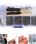 Clear box containing Glasses Repair Kit 500 Pieces With Assorted Screws, Nose Pads, Mini Screwdrivers, Tweezers, Cleaning Cloth And Case
