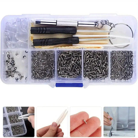 Clear box containing Glasses Repair Kit 500 Pieces With Assorted Screws, Nose Pads, Mini Screwdrivers, Tweezers, Cleaning Cloth And Case