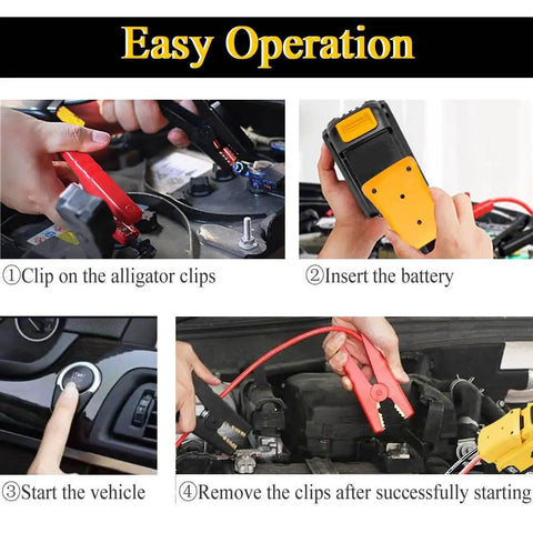 Jump Start Cables For Cars With A No Brainer Adapter That Lets You Use 20V Tool Batteries showing connection and usage steps