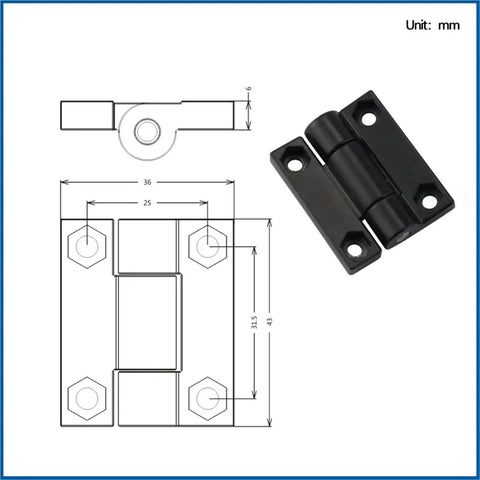 Square torque-damping hinge, zinc alloy, black, for industrial electrical equipment, 1 piece