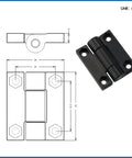 Front and side views of 0.3N·m square torque damping hinge; black zinc alloy mounting plates; 1 piece