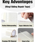 Vinyl siding repair tape advantages, showing waterproofing, adhesive grip, PVC material, ease of use
