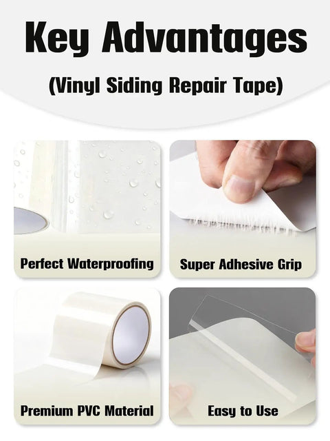 Vinyl siding repair tape advantages, showing waterproofing, adhesive grip, PVC material, ease of use
