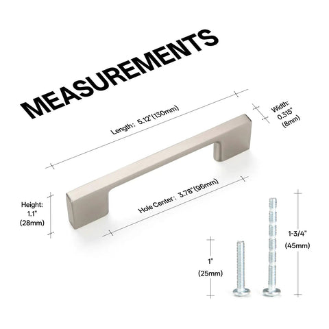 10 Pack Classic Cupboard Cabinet Handles for Kitchen Drawers, measurements showing 5.12 in length, 3.78 in center-to-center