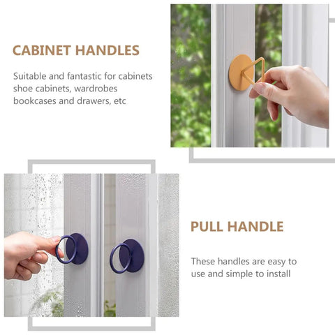 Adhesive Stick On Cabinet Handles 3 Pack Triangle And Hexagon Pull Knobs No Drill Easy Install For Cupboards, Closets, Drawers And Dressers In Kitchen And Home with hand applying orange and blue knobs on glass surface.