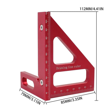 3D Multi Angle Measuring Ruler For Woodworking And Carpentry, 45 And 90 Degree Aluminum Alloy Square Protractor, red, side view