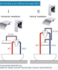 Diagram showing horizontal and vertical installation of Waterfall Wall Mount Tub Faucet In Brass With Chrome Finish.