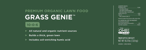 Grass Genie 10-0-6 Organic Spring Lawn Fertilizer, 16 Lb Bag Covers Up To 2,500 Sq Ft, 100 Percent Organic Nitrogen Blend For Quick Green Up And Long-Lasting Feed label