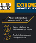 Graphic with Liquid Nails logo, "Extreme Heavy Duty" text emphasizing -22°F to 120°F bonding in all conditions