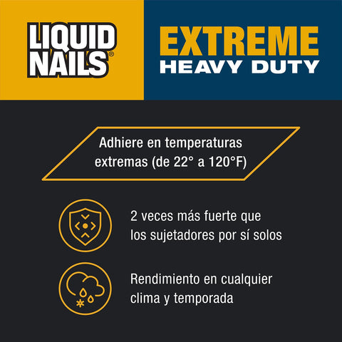 Graphic with Liquid Nails logo, "Extreme Heavy Duty" text emphasizing -22°F to 120°F bonding in all conditions