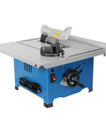 Hustle Ready 8 Inch Mini Table Saw Benchtop Miter Cutter with blue base and silver table, designed for precision cuts in compact spaces.