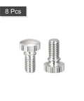 Straight Up Heavy Duty Knurled Thumb Screws And Brass Shoulder Bolts With Rock Solid Nickel Plated Grip Knobs For Top Shelf Hardware Assembly Eight Piece Pack, close-up view of two screws.