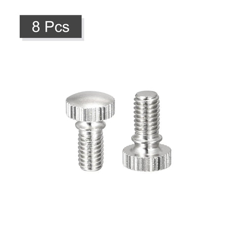 Straight Up Heavy Duty Knurled Thumb Screws And Brass Shoulder Bolts With Rock Solid Nickel Plated Grip Knobs For Top Shelf Hardware Assembly Eight Piece Pack, close-up view of two screws.