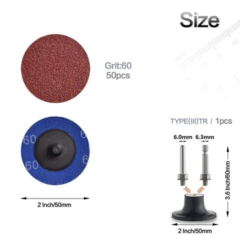 2 Inch Quick Change Sanding Discs Set For Die Grinder With 1/4 Inch Holder Aluminum Oxide A/O Abrasives P60 Grit 50 Pcs
