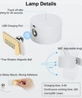 Diagram of Cordless Rechargeable LED Wall Sconces 2 Pack with Magnetic Touch Dimmer showing USB charging, magnetic rotation, sticky mount.