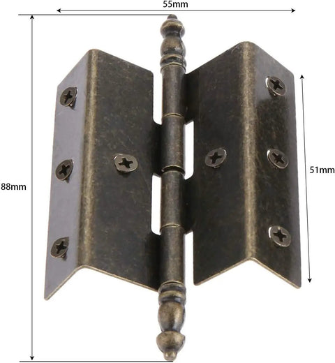 Antique Bronze Hinges Set For Wood Boxes And Cabinets, Vintage Style Door Hardware with 8 Hole Crown Design, 88mm height