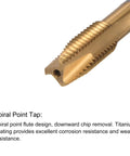 Close-up of M10 By 1.5 Spiral Point Thread Tap, titanium plated, showing spiral flute design for metalworking threading.