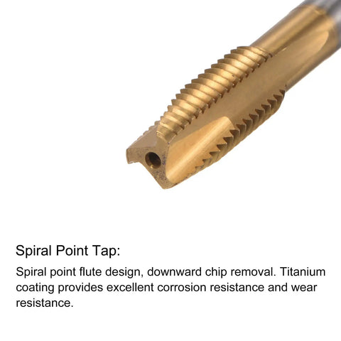Close-up of M10 By 1.5 Spiral Point Thread Tap, titanium plated, showing spiral flute design for metalworking threading.