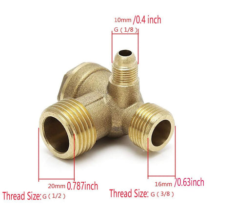 Front view of brass 3-port air compressor check valve with three male G-thread ports (G1/2, G3/8, G1/8)