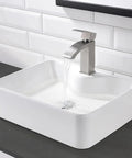 White Rectangle Ceramic Vessel Sink Combo With Stainless Steel Faucet And Chrome Pop Up Drain For Modern Vanity Dope Sleek 19x15 Inch Porcelain Art Basin Premium Glazed Ceramic Bathroom Sink on black countertop